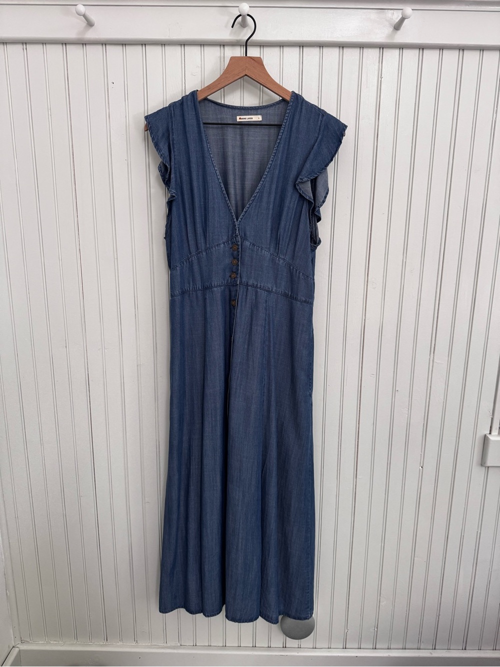 Marine Layer Blue Denim Midi Dress with Flutter Sleeves